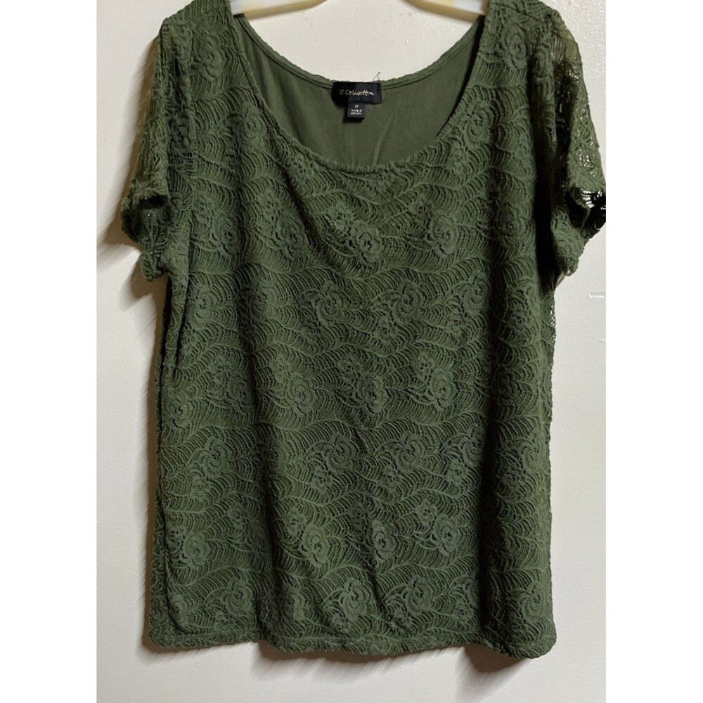 G Collection Green Lace Top Size 1X Short Sleeve Round Neck Lined